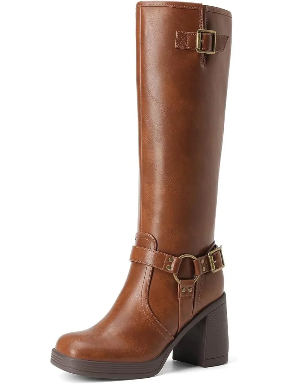 Women's Light Brown Faux Leather Block Heel Platform Square Toe Knee High Boots